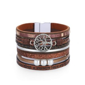 RONLLNA Tree of Life Leather Cuff Bracelet for Women Wrap Cross Bracelets Boho Bracelets with Pearl Gifts for Women Brown Tree