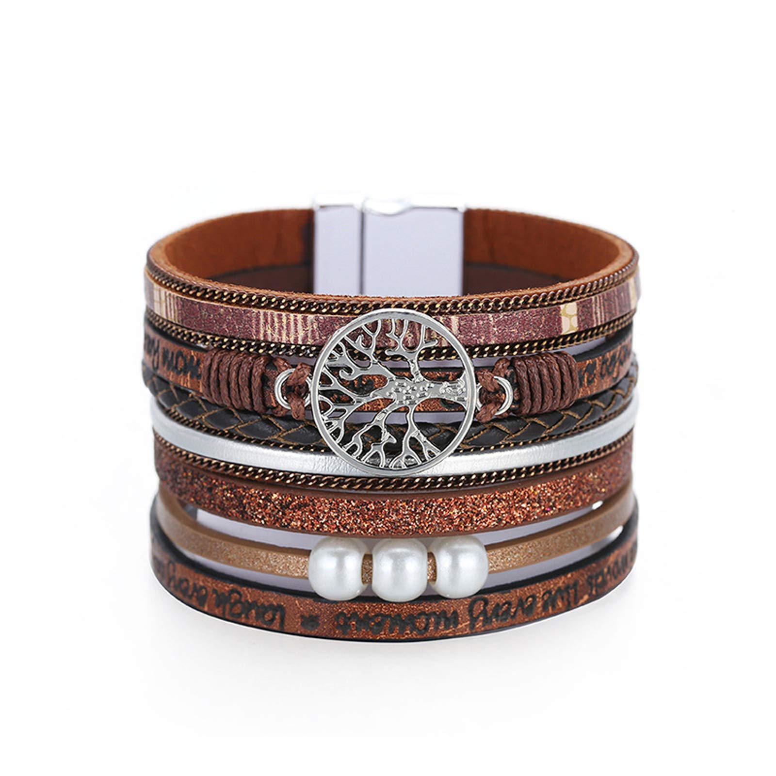 RONLLNA Tree of Life Leather Cuff Bracelet for Women Wrap Cross Bracelets Boho Bracelets with Pearl Gifts for Women Brown Tree