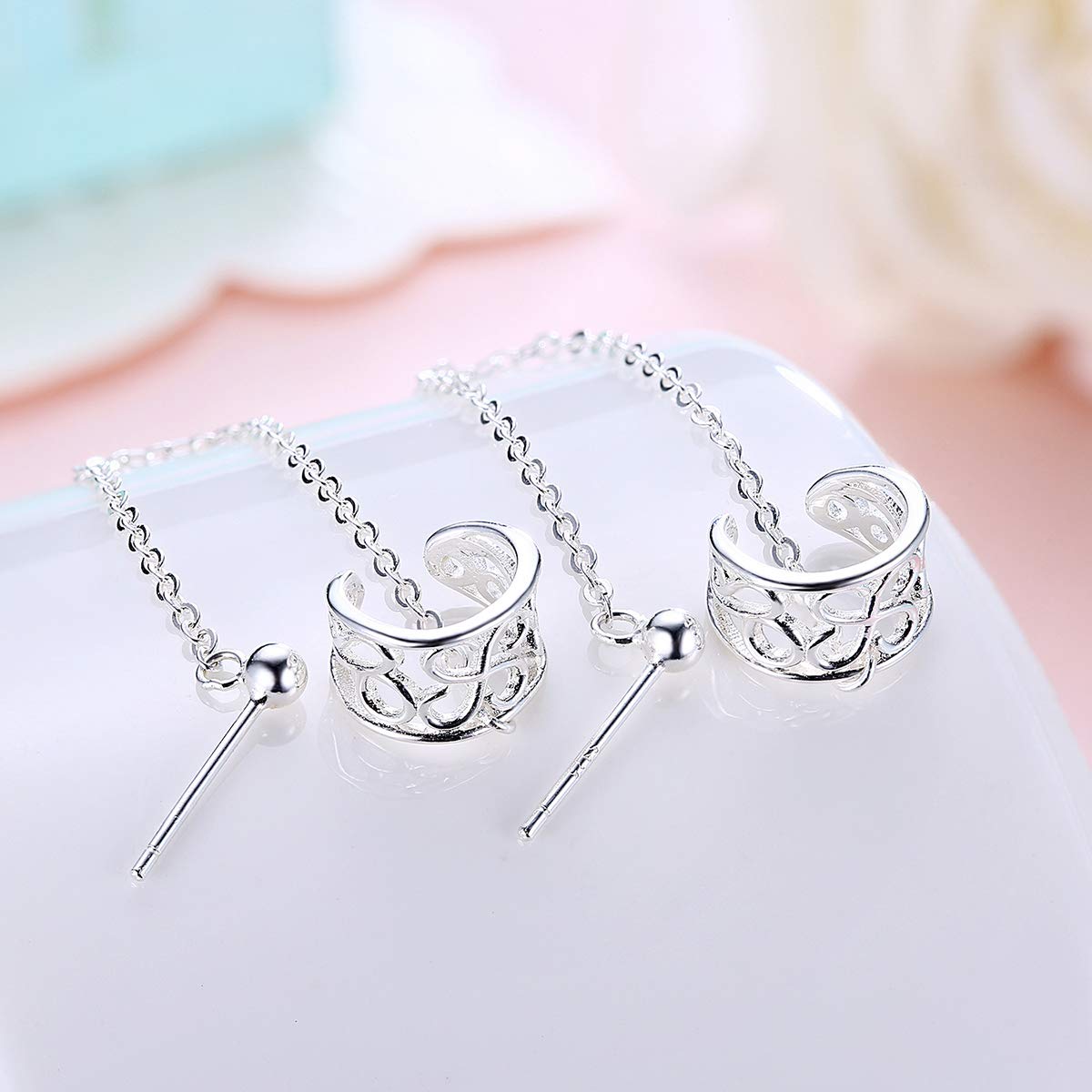 SLUYNZ 925 Sterling Silver Cuff Earrings Chain Studs for Women Cartilage Earrings Crawler Earrings Wrap (Style 2)