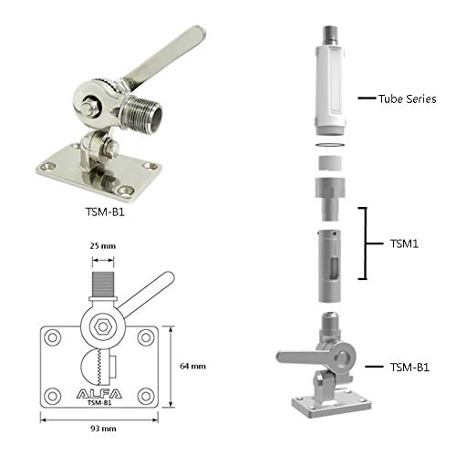 Alfa TSM-B1 Stainless Marine VHF Antenna 316 Stainless Steel Adjustable Base Mount for Boats 1"-14 inch Thread