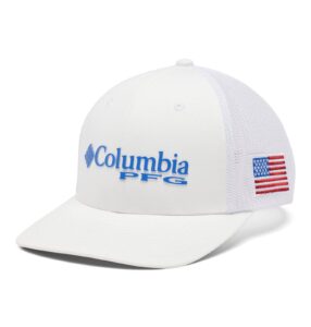 columbia unisex pfg mesh ball cap, white, vivid blue, usa flag, large/x-large