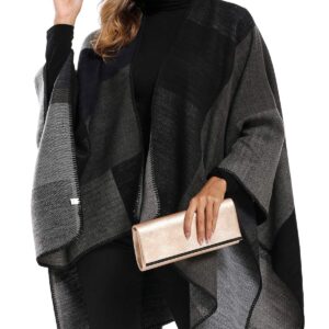 Epsion Women's Color Block Shawl Wrap Plus Size Cardigan Poncho Cape Open Front Long Winter Sweater Coat Black