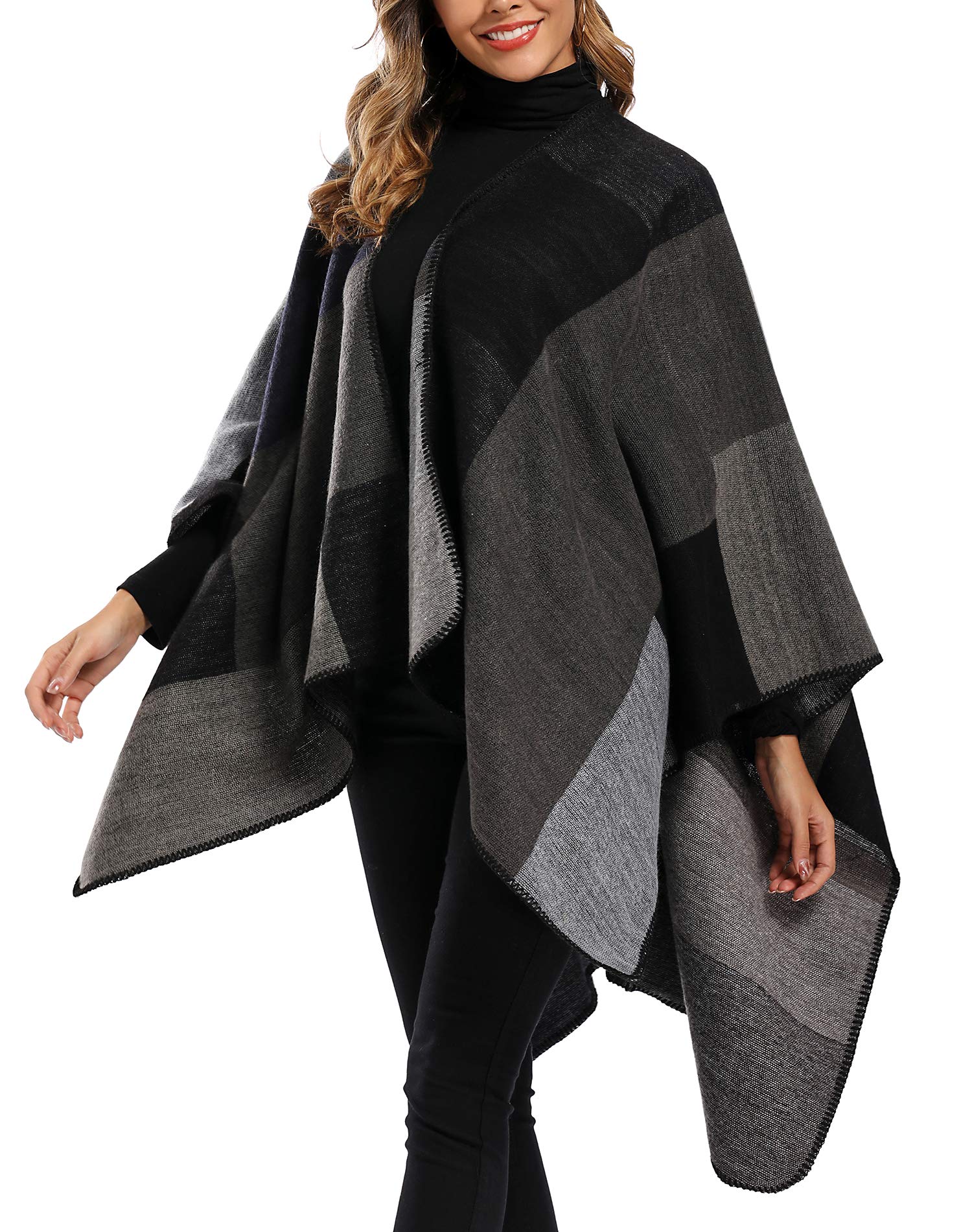 Epsion Women's Color Block Shawl Wrap Plus Size Cardigan Poncho Cape Open Front Long Winter Sweater Coat Black