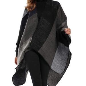 Epsion Women's Color Block Shawl Wrap Plus Size Cardigan Poncho Cape Open Front Long Winter Sweater Coat Black