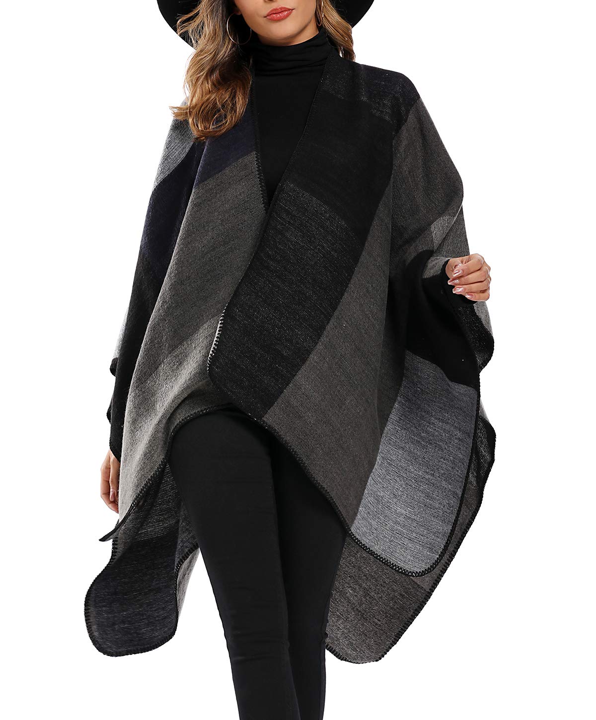 Epsion Women's Color Block Shawl Wrap Plus Size Cardigan Poncho Cape Open Front Long Winter Sweater Coat Black