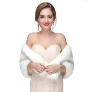 CanB Women's 1920s Faux Fur Shawl Bridal Wedding Fur Wraps and Bolero Shrug Faux Mink Stole for Women (White)