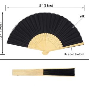 Leehome Folding Hand Fans for Women - 12pcs Silk Bamboo Chinese Japanese Handheld Fan - for Church Wedding Gifts, Party Favors, DIY Decorations. (Black)