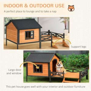 PawHut Wooden Dog House with Porch, Outside Dog House with Water-Resistant Asphalt Roof, Ladders, Fencing, Window, for Small and Medium Dogs, Natural