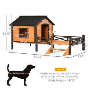 PawHut Wooden Dog House with Porch, Outside Dog House with Water-Resistant Asphalt Roof, Ladders, Fencing, Window, for Small and Medium Dogs, Natural