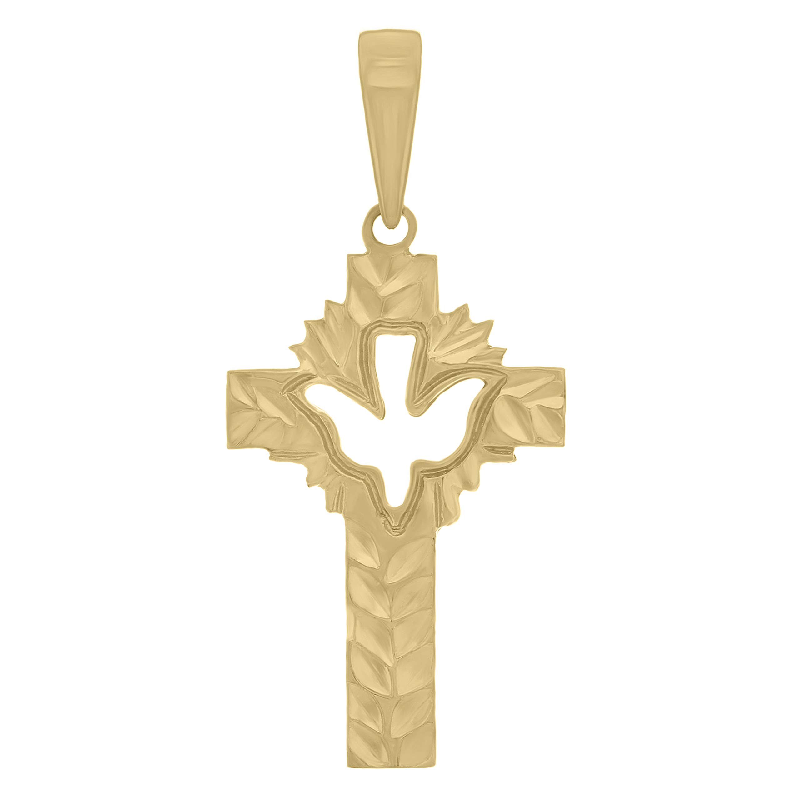 14k Yellow Gold Descending Dove and Olive Leaves Glory Cross Charm Pendant