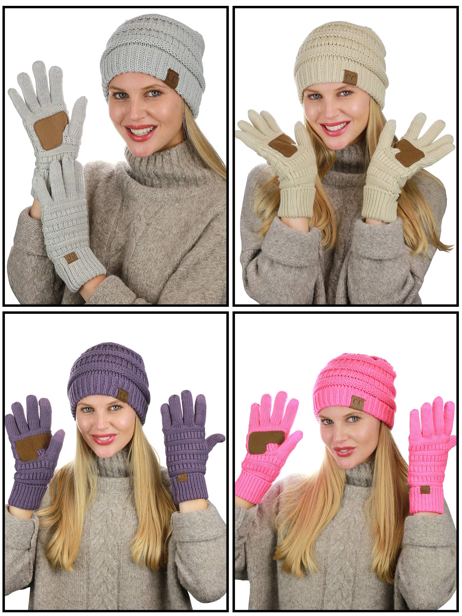 C.C Unisex Soft Stretch Cable Knit Beanie and Anti-Slip Touchscreen Gloves 2 Pc Set, Ivory