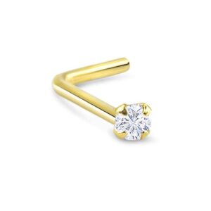 14k Yellow Gold L Bend Nose Stud Ring 2.5mm Clear Round CZ 20G