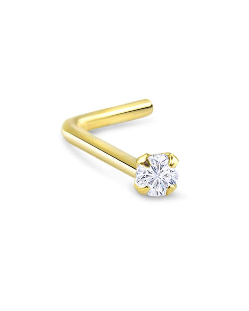 14k Yellow Gold L Bend Nose Stud Ring 2.5mm Clear Round CZ 20G