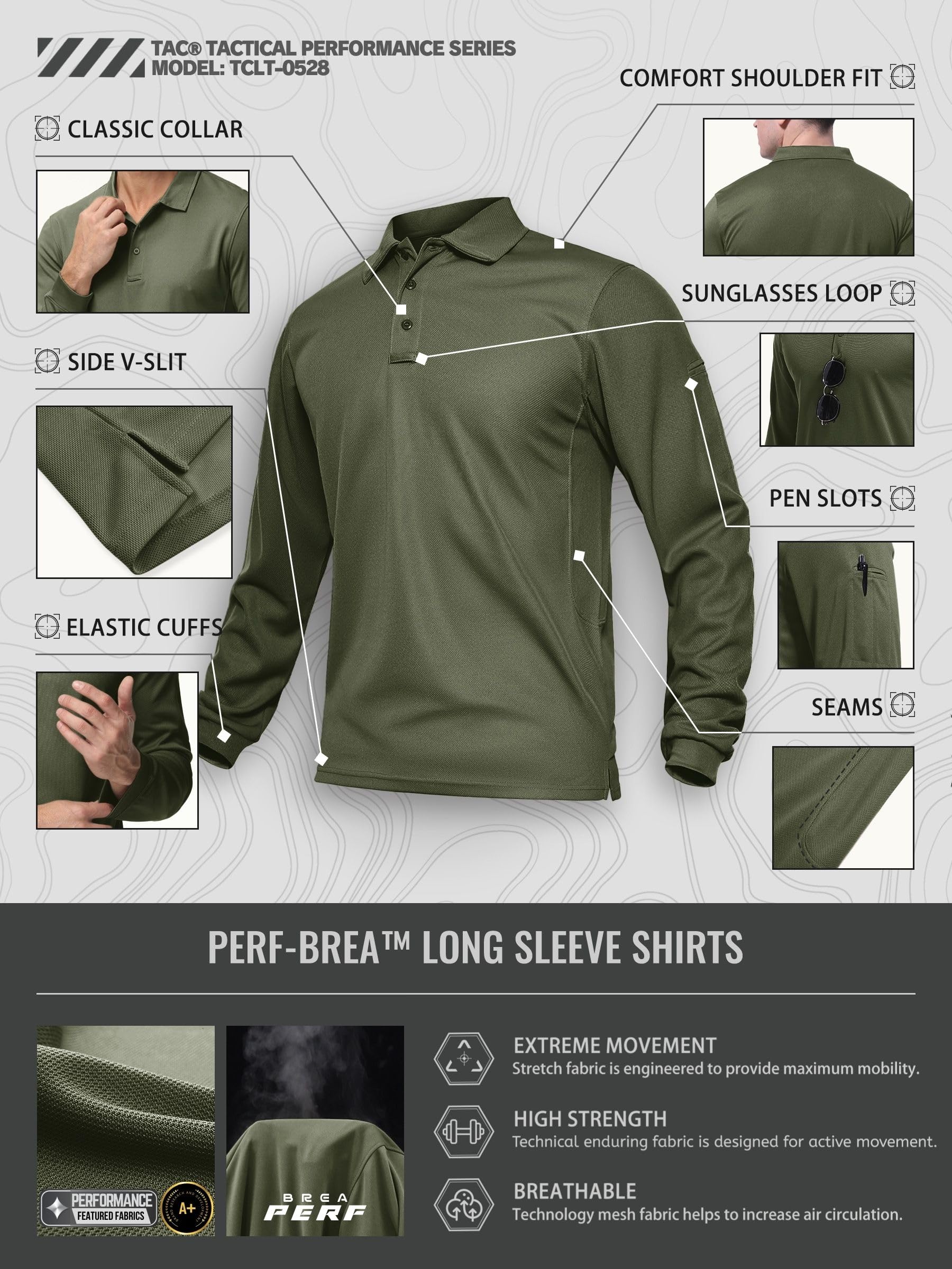 TACVASEN Long Sleeve Shirts for Men Tactical Performance Polo Shirts with Collar Quick Dry Fit Lightweight Work Shirts Workout Golf Army Green S