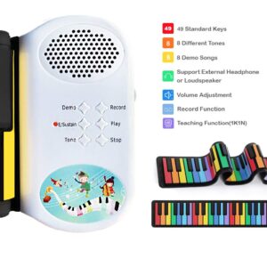 iLearnMusic Roll Up Piano | Portable Keyboard Piano | Hand Roll Electric Piano Keyboard | Premium Silicone & Built-In Speakers (49 Keys, White)