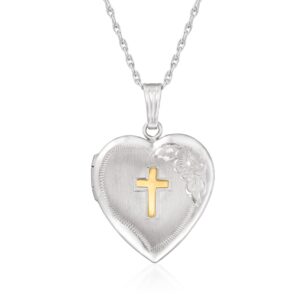 sterling silver floral heart locket necklace with 14kt yellow gold cross. 18 inches