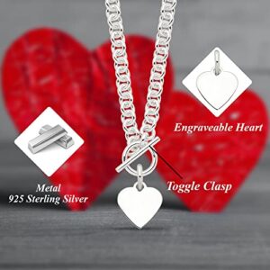 Diamond2Deal Sterling Silver Engraveable Heart Disc on Fancy Link Toggle 18in Necklace Fine Jewelry Gift for Women