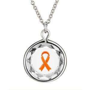 lovependants 16-18" sterling silver necklace in white swarovski crystal with engraved and enameled orange awareness ribbon symbolizing leukemia, ms, kidney cancer and copd.