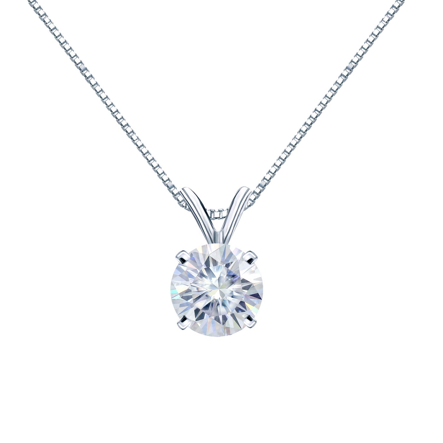 Diamond Wish 1/2 Carat Round Moissanite Solitaire Pendant Necklace in 14k White Gold (H-I, 5 mm) 4-Prong 16 to 18 Inch Adjustable Chain Spring Ring