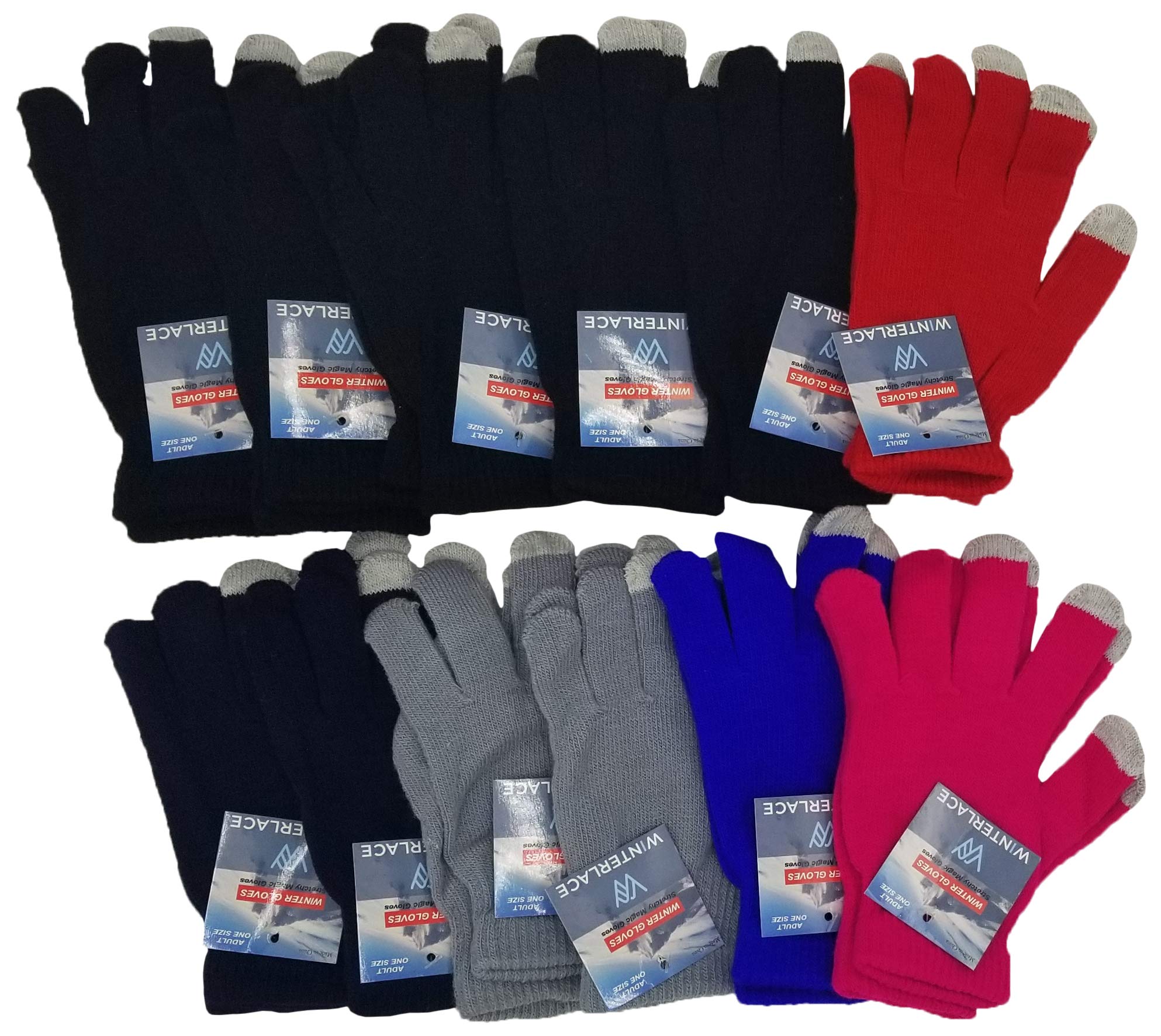 Winter Magic Gloves, 12 Pairs Stretchy Warm Knit Bulk Pack Mens Womens