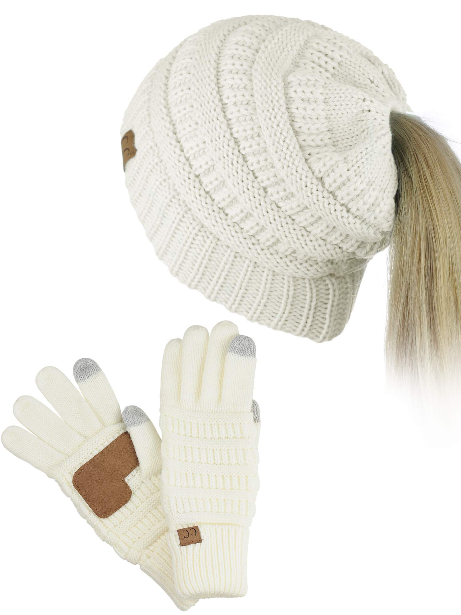 C.C BeanieTail Messy High Bun Cable Knit Beanie and Anti-Slip Touchscreen Gloves Set, Ivory