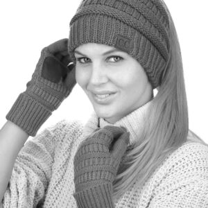 C.C BeanieTail Messy High Bun Cable Knit Beanie and Anti-Slip Touchscreen Gloves Set, Ivory