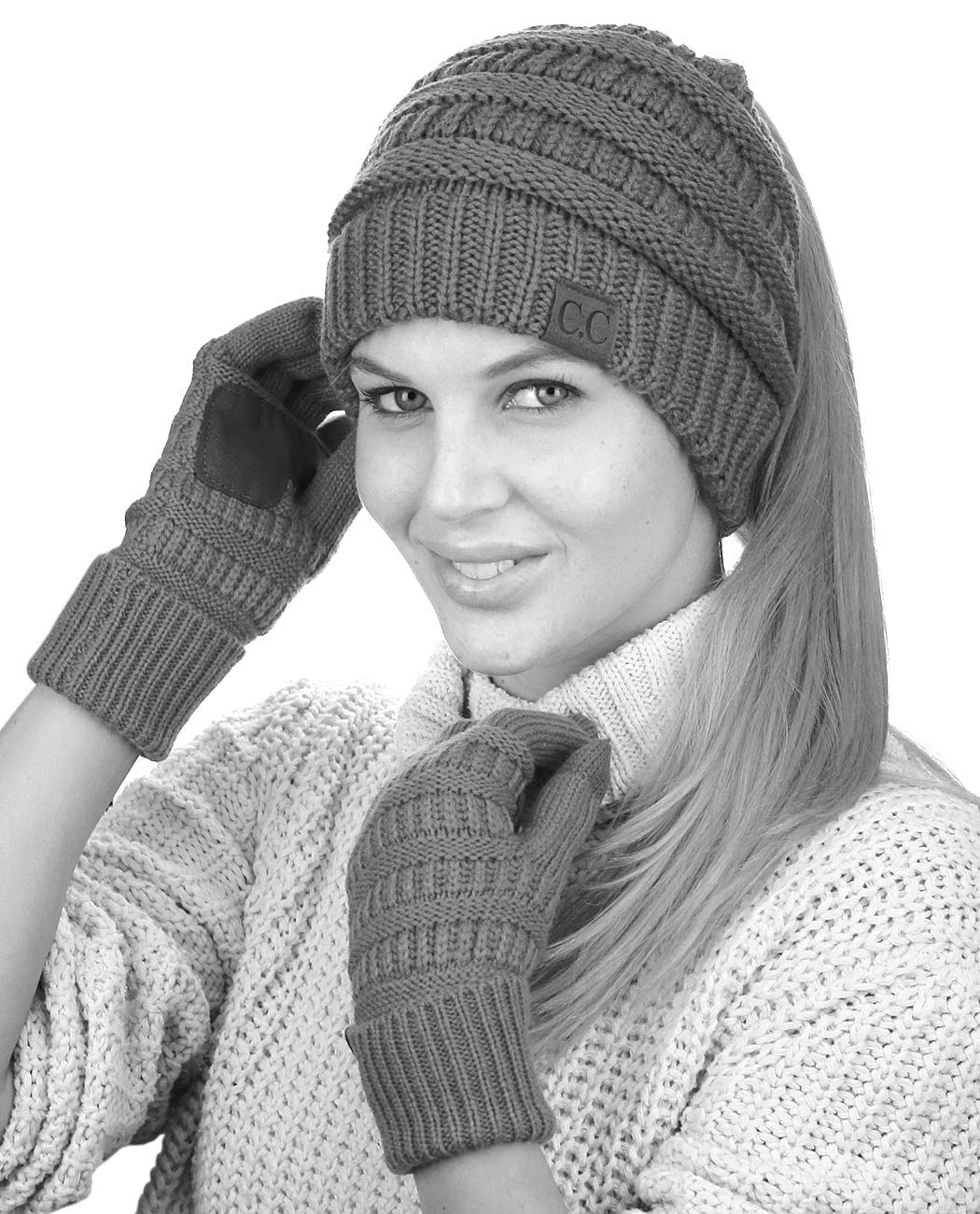 C.C BeanieTail Messy High Bun Cable Knit Beanie and Anti-Slip Touchscreen Gloves Set, Ivory