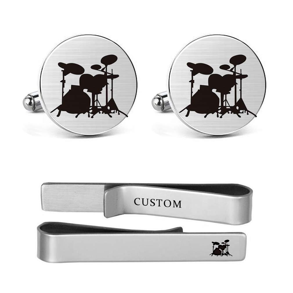 MUEEU Drum Cufflinks Drum Set Drum Kit Drummer Mens Gifts Drum Player Musical Instrument Cufflinks (Round Drum Cufflinks & Tie Clip)