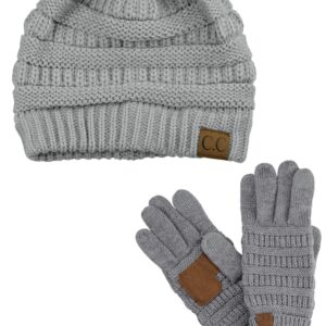 C.C Unisex Soft Stretch Cable Knit Beanie and Anti-Slip Touchscreen Gloves 2 Pc Set, Light Melange Gray