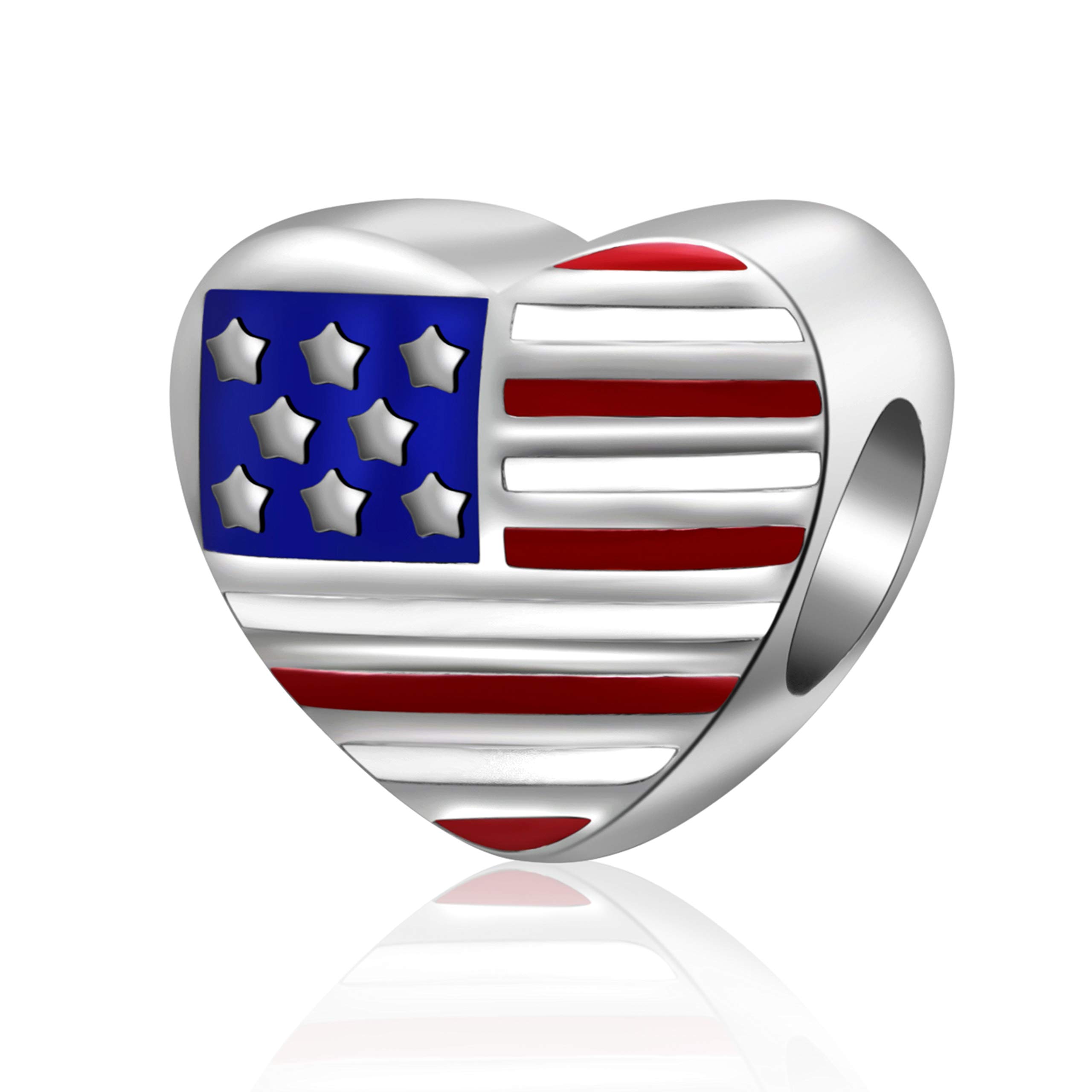 USA Flag Charms 925 Sterling Silver Heart Love America Charms Beads Fits Pandora Bracelets (Heart)