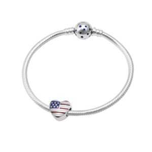 USA Flag Charms 925 Sterling Silver Heart Love America Charms Beads Fits Pandora Bracelets (Heart)