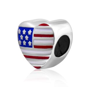 USA Flag Charms 925 Sterling Silver Heart Love America Charms Beads Fits Pandora Bracelets (Heart)