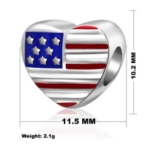 USA Flag Charms 925 Sterling Silver Heart Love America Charms Beads Fits Pandora Bracelets (Heart)