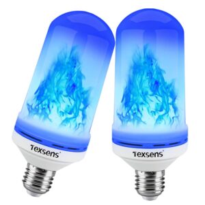 texsens led blue flame effect light bulbs - 4 modes flickering fire flame with upside-down effect, simulated decorative lights vintage flaming lamp for halloween/christmas decoration/party/bar- 2 pack