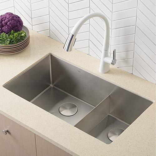 Kraus KHU103-32 Standart PRO 32 inch 16 Gauge Undermount 60/40 Stainless Steel Set (8 Item Bundle: Sink, Bottom Grid Assembly, Drain Cap x2, Kitchen Towel), 32, 50/40 Double Bowl, Silver