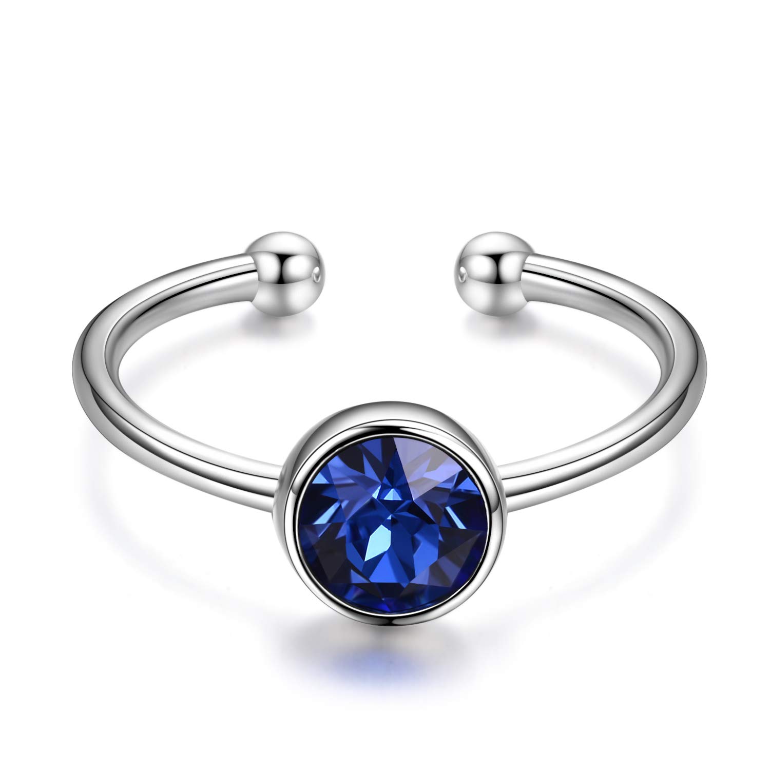 AOBOCO 925 Sterling Silver Created Sapphire Ring September Birthstone Adjustable Stackable Wrap Open Ring for Women, Crystals from Austria