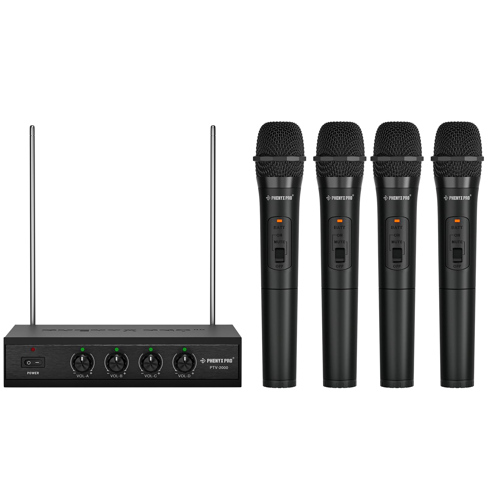 Phenyx Pro Wireless Microphone System, 4 Channel VHF Wireless Mics, w/ 4 Handheld Dynamic Microphones, Metal Receiver, Long Range, Microphone for Singing, Karaoke, Church (PTV-2000A)