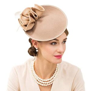 F FADVES Wedding Wool Pillbox Fascinators Felt Fedora Hat Women Flower Derby Church Tilt Hats Khaki