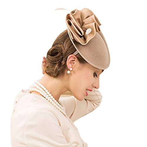 F FADVES Wedding Wool Pillbox Fascinators Felt Fedora Hat Women Flower Derby Church Tilt Hats Khaki