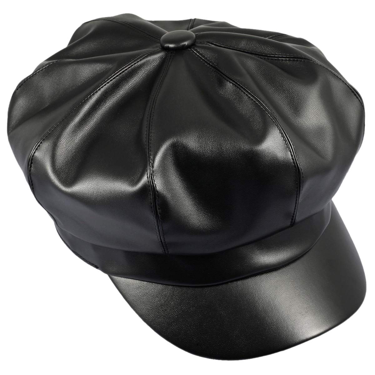 Sportmusies 8 Panels Newsboy Caps for Women, PU Leather Cabbie Painter Hat Gatsby Ivy Beret Cap, Black