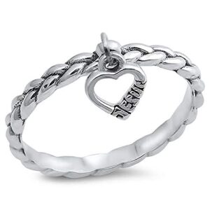 DoubleAccent Sterling Silver Braided Rope Band Dangling Jesus Heart Promise Ring 7mm (Size 5 to 10), 6