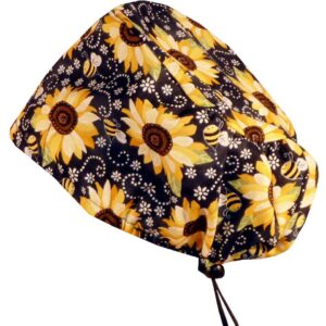 Sparkling EARTH Sunflowers on Black Riley Medical Scrub Caps with Flat Front and Roomy Back - Adjustable Cord Lock Closure - Made in The USA