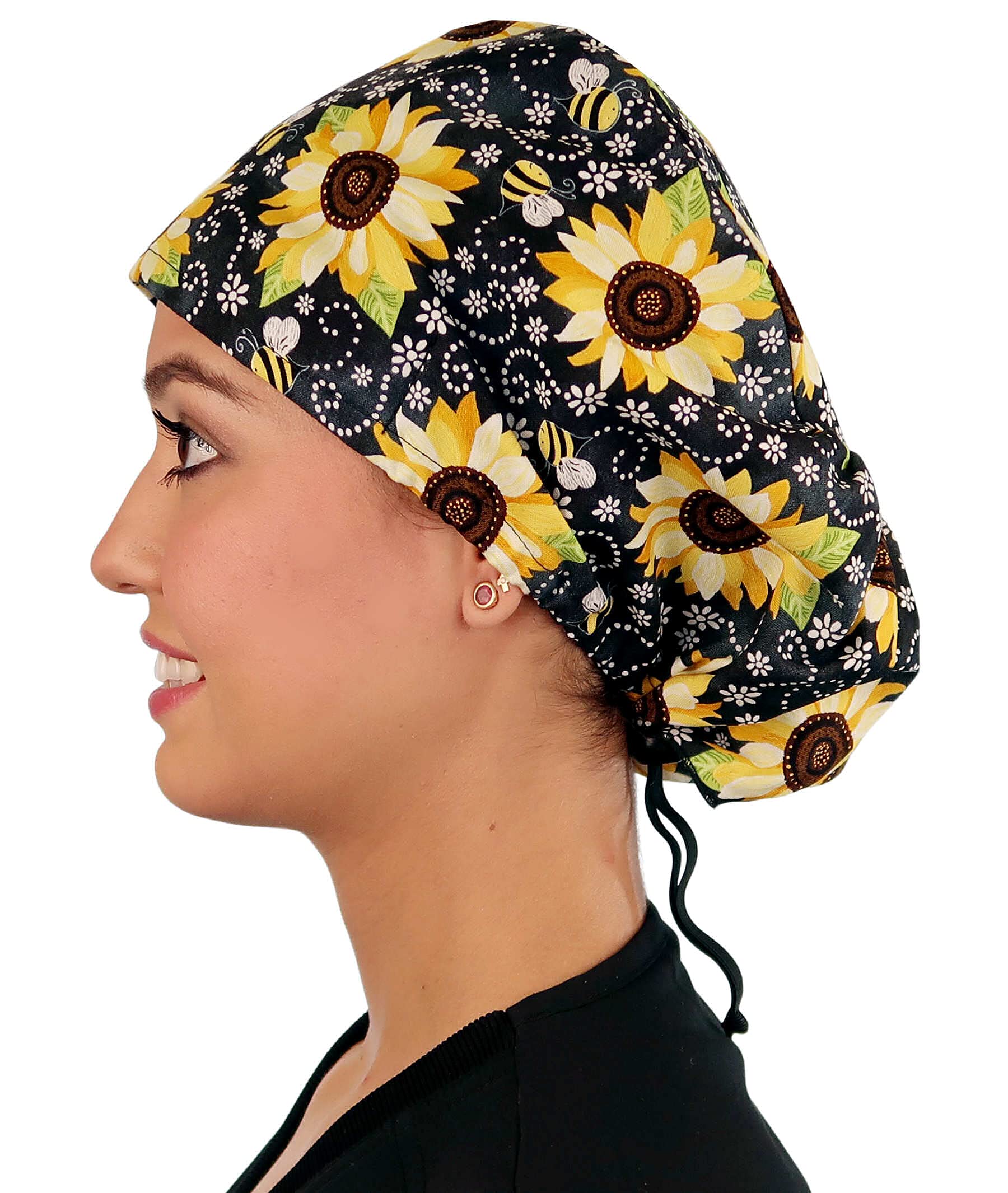 Sparkling EARTH Sunflowers on Black Riley Medical Scrub Caps with Flat Front and Roomy Back - Adjustable Cord Lock Closure - Made in The USA