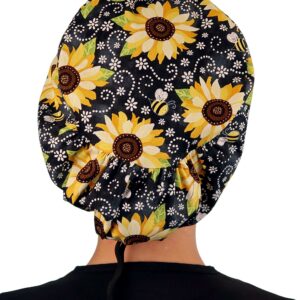 Sparkling EARTH Sunflowers on Black Riley Medical Scrub Caps with Flat Front and Roomy Back - Adjustable Cord Lock Closure - Made in The USA