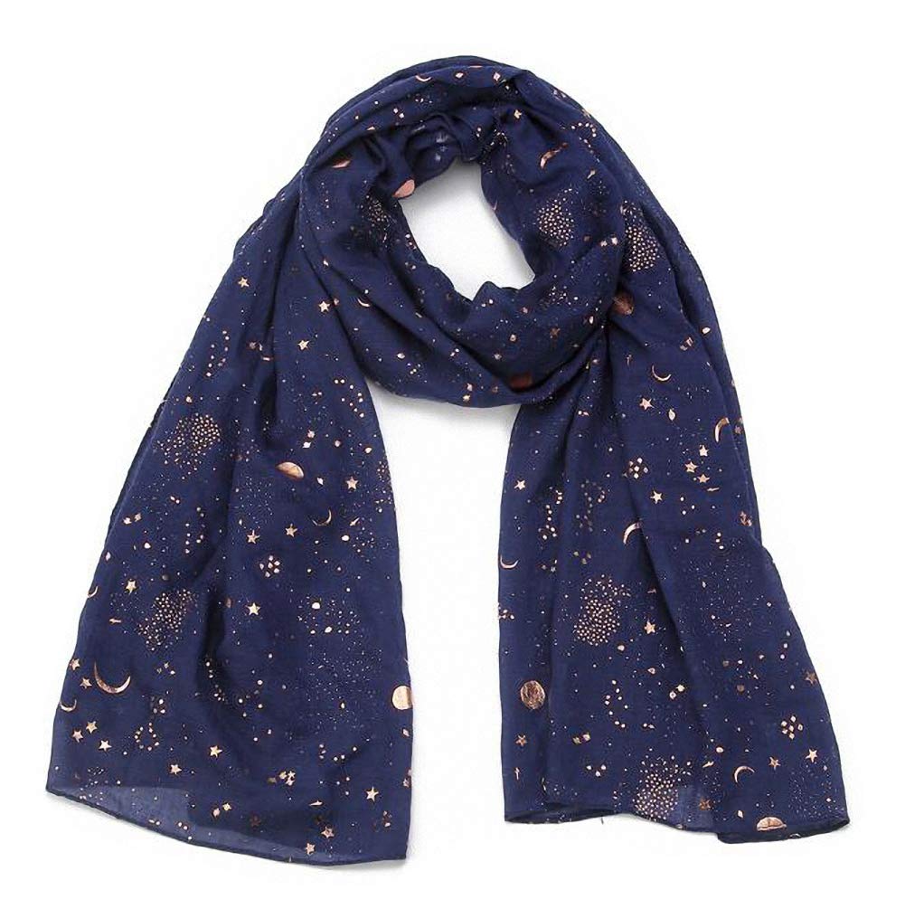 Tinpia Fashion Scarf for Women, Lightweight Colorful Shawl with Star Moon Pattern for Girls Ladies Women Navy