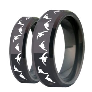 6mm/8mm width lover's black bevel wedding band with laser etched bird duck hunting outdoor ring, comfort fit (8mm width, 12.5)