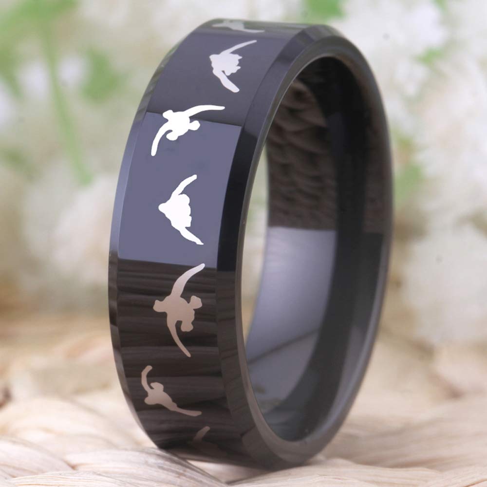 6mm/8mm Width Lover's Black Bevel Wedding Band with Laser Etched Bird Duck Hunting Outdoor Ring, Comfort Fit (8mm width, 12.5)