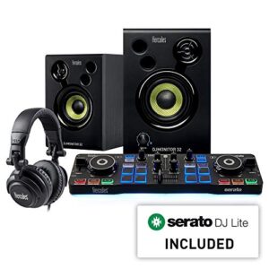 hercules dj starter kit | starlight usb dj controller with serato dj lite software, 15-watt monitor speakers, and sound-isolating headphones