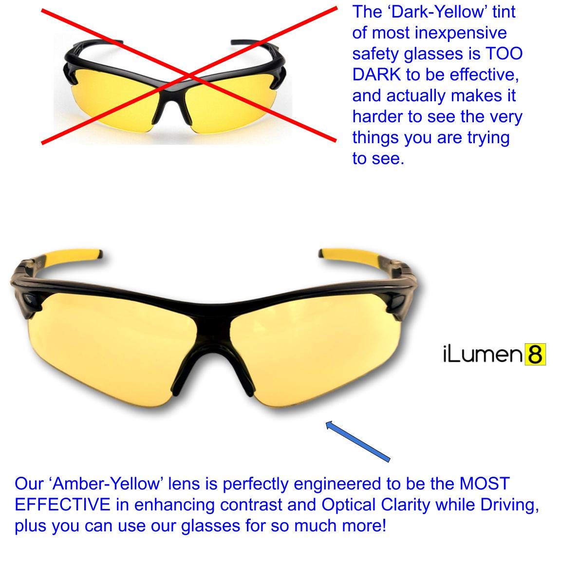 iLumen8 HD Night Driving Glasses- Anti Glare Polarized Night Vision Reduce Eye Strain Men Women (High Definition) Amber Yellow