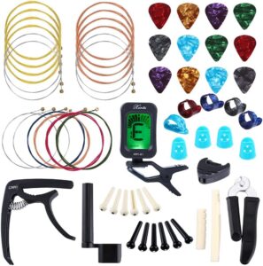 auihiay 58 pcs guitar accessories kit including guitar strings, picks, capo, thumb finger picks, string winder, bridge pins, pin puller, pick holder, finger protect